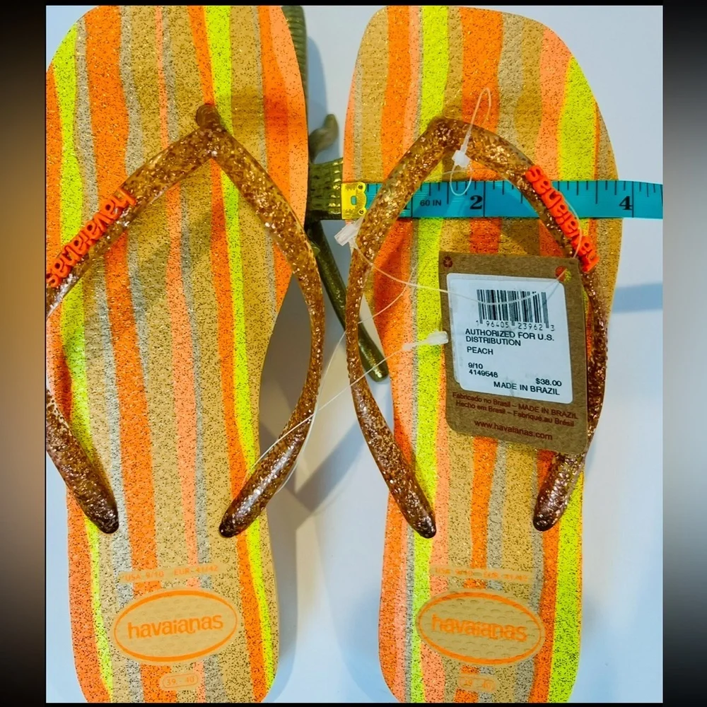 NWT Havaianas Slim Square Folia Flip Flops Glitter Striped Wom 9/10 Peach Orange - Picture 10 of 14